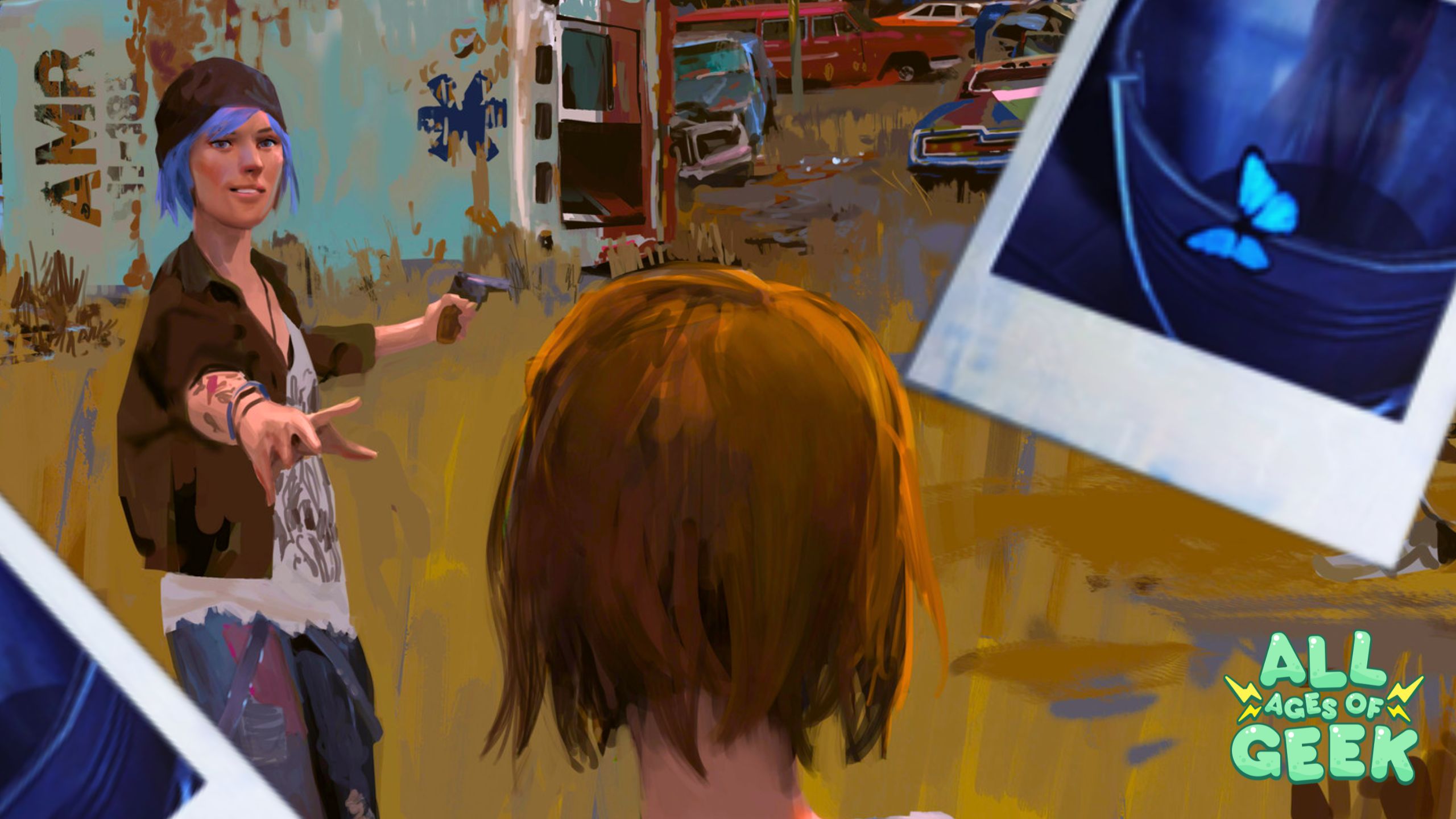 This image captures a tense moment from the video game "Life is Strange," featuring Chloe Price and Max Caulfield. In the scene, Chloe, recognizable with her striking blue hair and tattoos, is pointing a gun while Max, seen from behind, is observing the situation. They are in a junkyard, a significant location in the game that serves as a backdrop for many crucial narrative developments. The atmosphere is thick with suspense and the complexity of their friendship. This visual emphasizes themes of choice, consequences, and the intense emotional journey the characters endure.