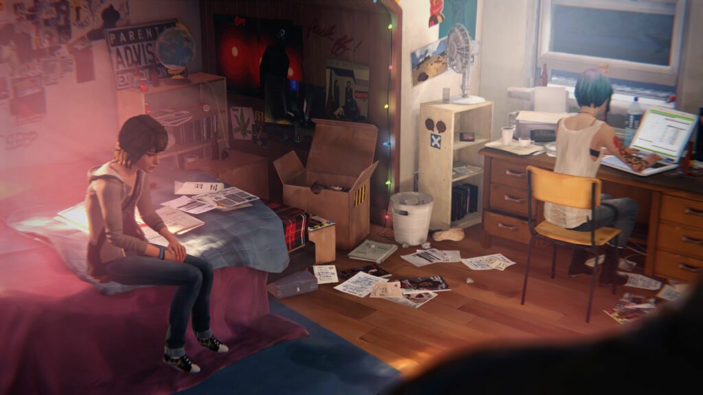 Max contemplates on a bed with pink lighting coming from the curtains and windows, while Chloe researches papers at her desk, the room sprawled by papers and notes.