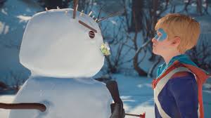 Captain Spirit nods to a snowman who looks angry but round.