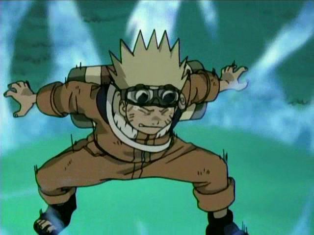 Naruto charges up his blue, glowing chakra as he squats and cries, tears beaded at his sides.
