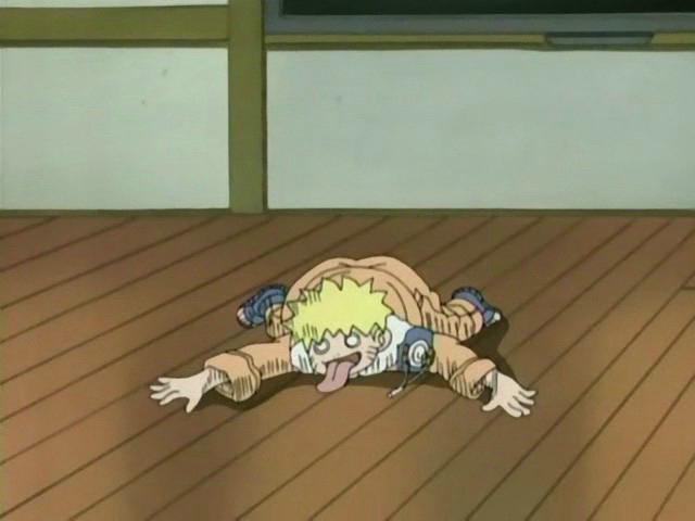 A Naruto clone looks solid and dead on the ground, tongue out and eyes buggy.