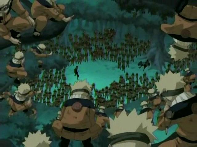 Hundreds of Naruto clones cluster around each other, surrounding the main Naruto and his antagonist.