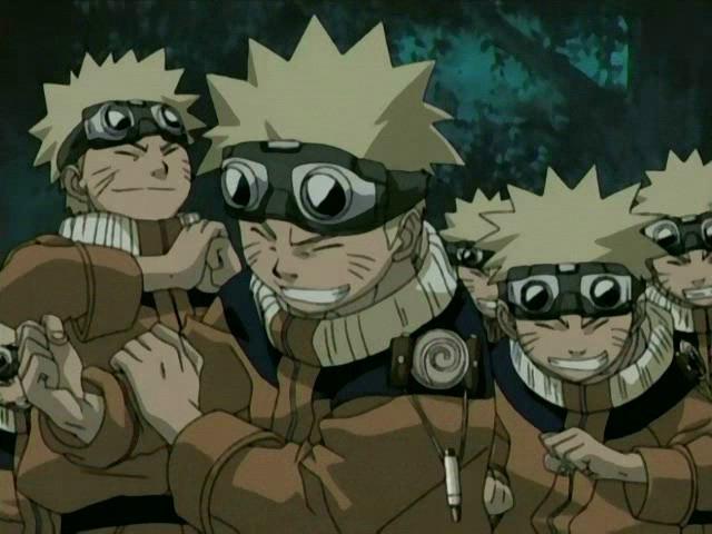 Several Naruto clones smirk and giggle, bunched up together in a dark, green forest at night.