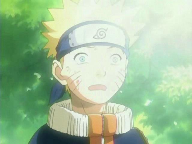 Naruto staring ahead, tears at the sides of his eyes as a bright, white light shimmers down on top of him and the green forest backdrop.