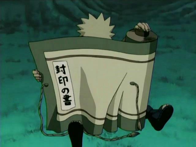 Naruto sits on the ground, a large scroll expanded out on his body as he reads and moves about.