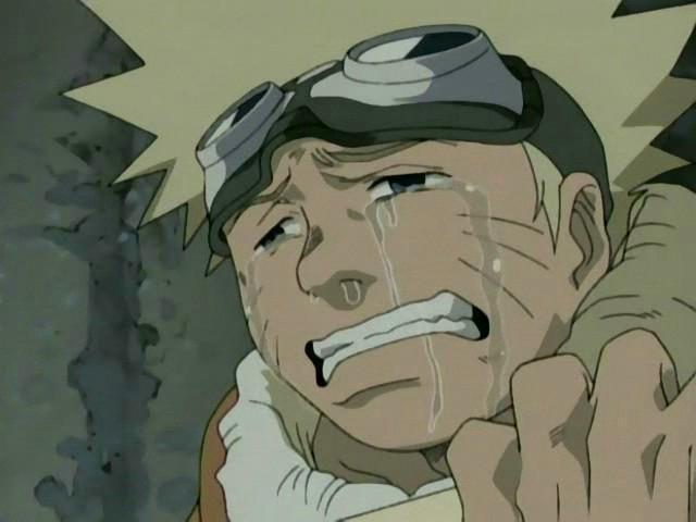 Close up of Naruto sobbing, tears streaming from his eyes as he clenches onto a large, paper scroll.