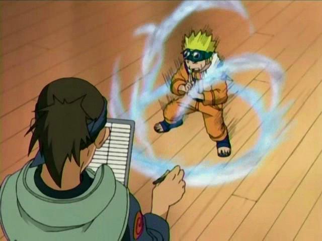 Naruto charging up his blue chakra, as he gets tested and graded on his ninja skills in school with Iruka holding onto a clipboard in front of him.