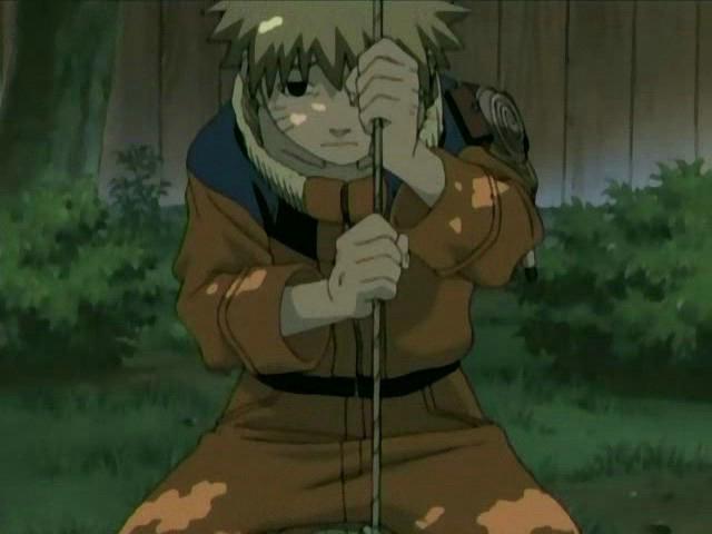 Naruto sits on a swing sadly as shadows sway from trees above over his face and body.