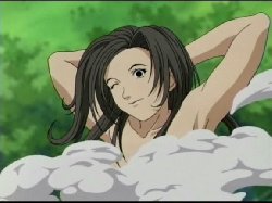 Konohamaru transforms into a woman poses sensually as steam rises over her chest.