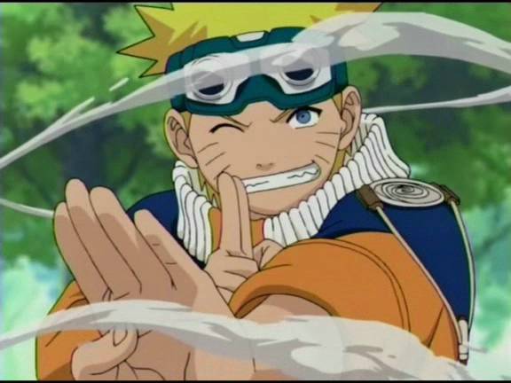 Naruto poses, winking and smirking, readying for a transformation. 