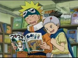 Naruto and Konohamaru browse a magazine stand in a shop, and look through a swimsuit magazine together.