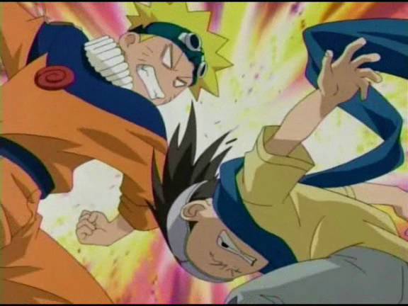 Naruto punches Konohamaru's head as he buckles down, leaned back and hurt. A POW like background is in the backdrop, pink and yellow.
