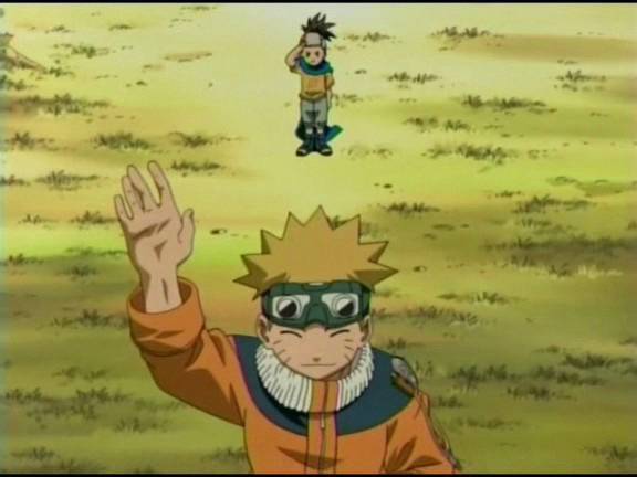 Naruto waves goodbye to Konohamaru looking proud and satisfied as he passes under a golden lit sky.
