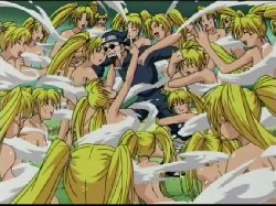 Ebisu gets pummeled by several Naruto clones as they transform into his sexy, Harem form with steam surrounding them.