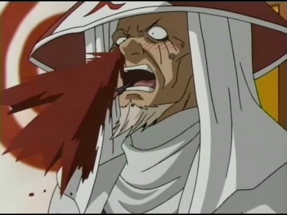 The Third Hokage has a shocked expression on his face as he has a nosebleed.