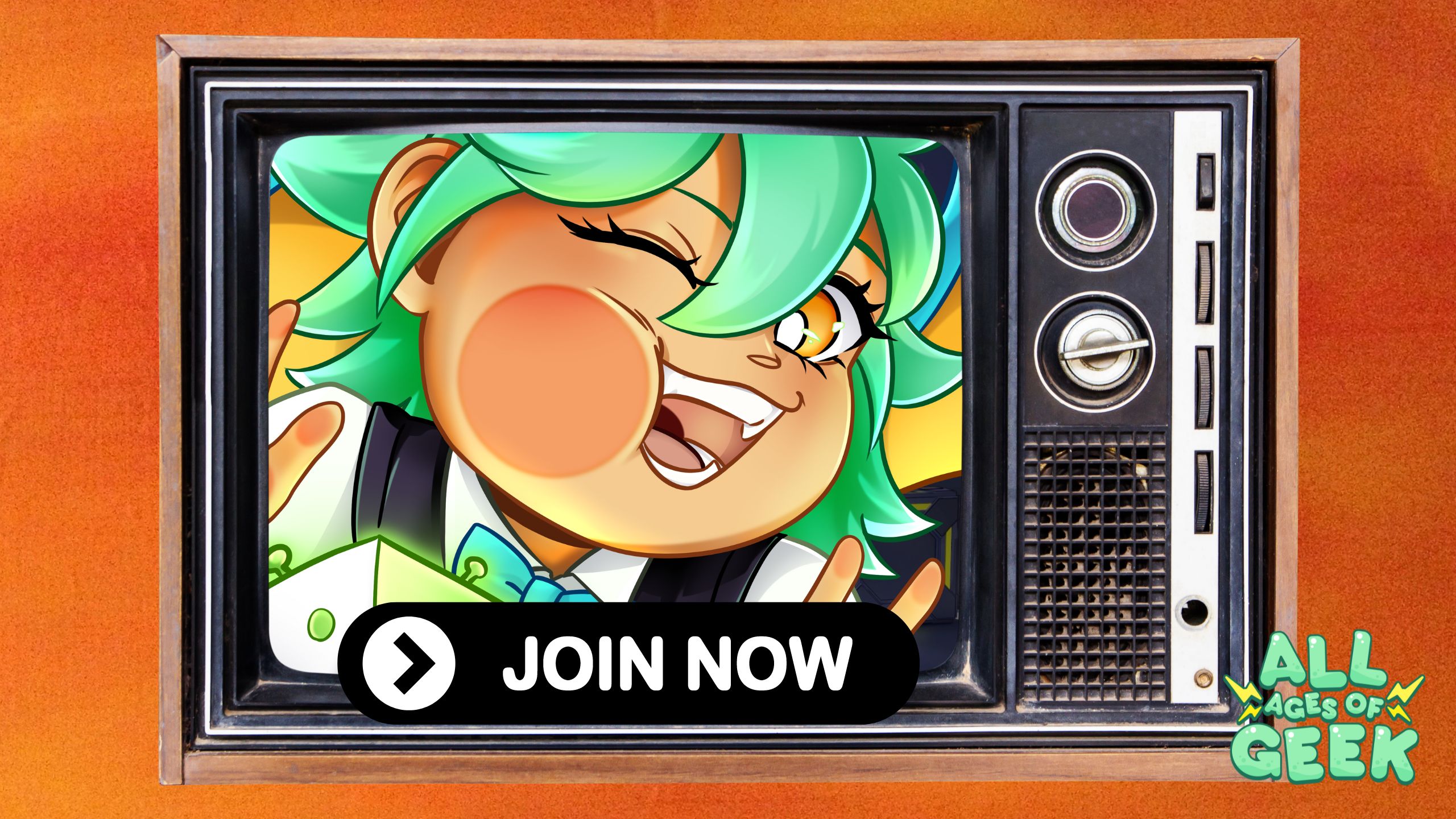 Illustration of a cheerful character with green hair inside an old-fashioned TV screen. The character is smiling and giving a thumbs up. Below the character is a button that says "JOIN NOW". The All Ages of Geek logo is visible in the bottom right corner. The background has a warm orange hue.