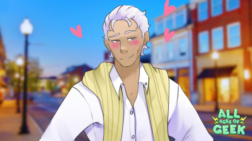 **Alt Text:** Illustration of Reginald from "I Married a Monster on a Hill" standing in a brightly lit street. Reginald has white hair, blushes on his cheeks, and a soft smile. He is wearing a white shirt with a light yellow sweater draped over his shoulders. Pink hearts surround his head, indicating affection or happiness. The All Ages of Geek logo is visible in the bottom right corner.