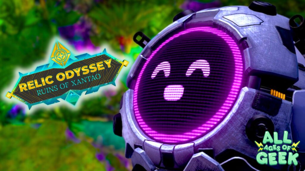Promotional image for the game "Relic Odyssey: Ruins Of Xantao" featuring the game logo and a character with a bright purple face, set against a colorful background. The All Ages of Geek logo is visible in the bottom right corner.