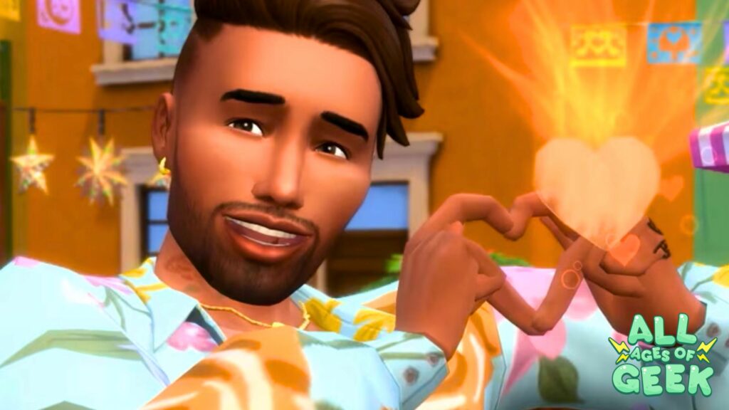 A close-up of a male Sim with a stylish haircut and a beard, smiling and making a heart shape with his hands. The background features festive decorations with bright colors, and a glowing heart effect is visible around his hand gesture. The All Ages of Geek logo is positioned in the bottom right corner.