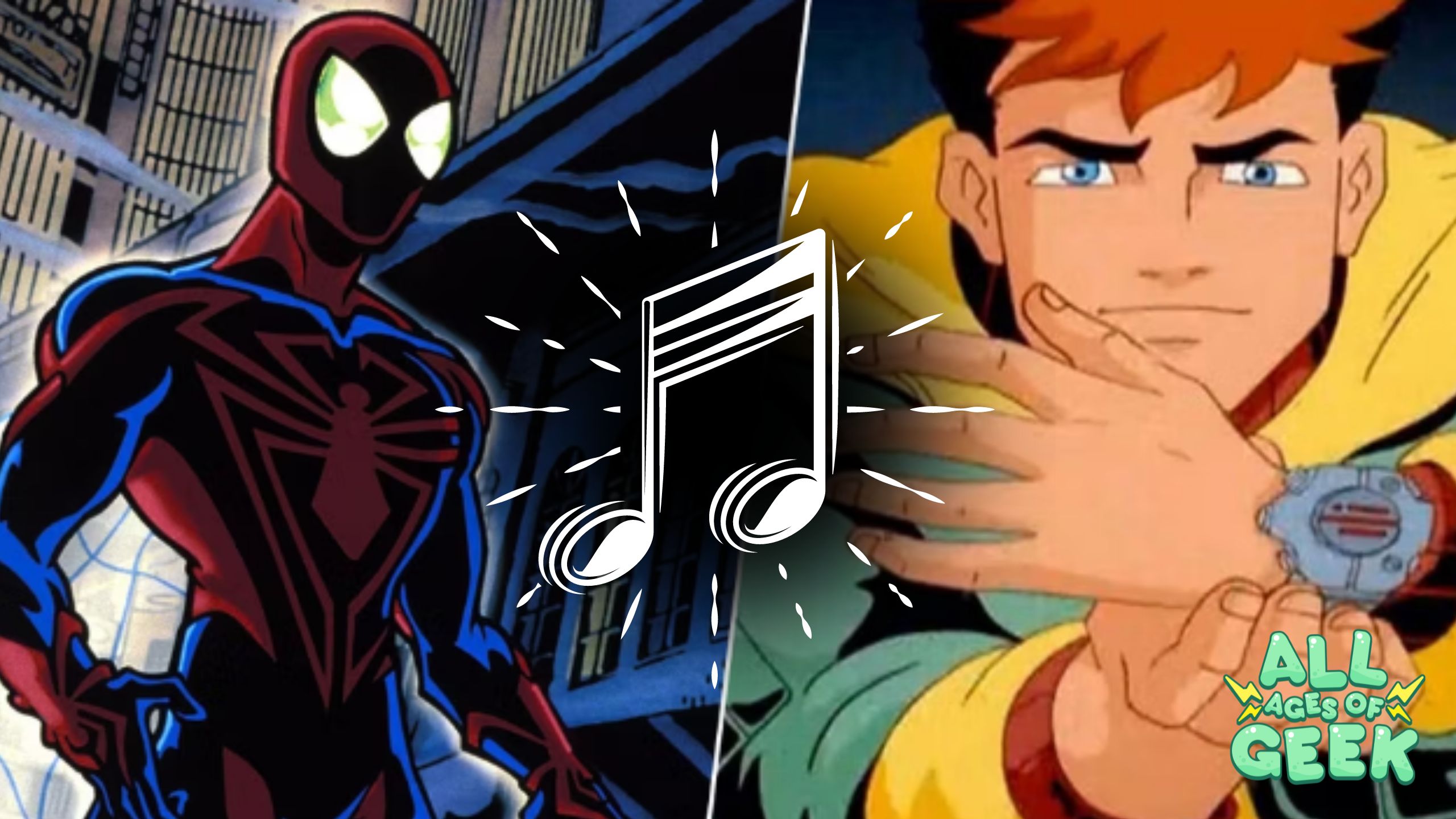 A split image featuring Spider-Man in his "Spider-Man Unlimited" suit on the left and a close-up of Peter Parker with his wrist morph device on the right. In the center, a music note symbol is highlighted, indicating the musical theme. The All Ages of Geek logo is in the bottom right corner.