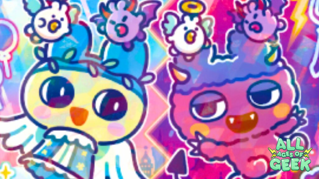 Colorful promotional image featuring two Tamagotchi characters. On the left, a cheerful angelic character with wings and a halo, holding a small angel bird. On the right, a mischievous devil character with horns and a tail, accompanied by a tiny devil bird. The background is a vibrant mix of blue, pink, and purple hues with various decorative elements. The "All Ages of Geek" logo is prominently displayed in the bottom right corner.