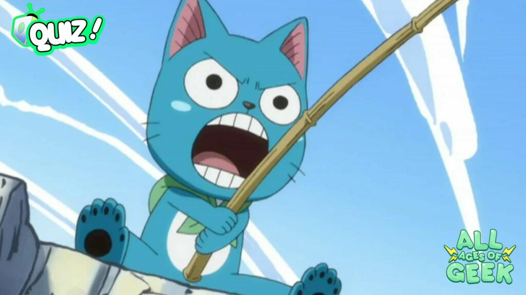 Happy from Fairy Tail, the blue Exceed, is shown in an intense moment with a determined expression, holding a fishing rod. The image has a quiz icon in the top left corner and the All Ages of Geek logo in the bottom right.