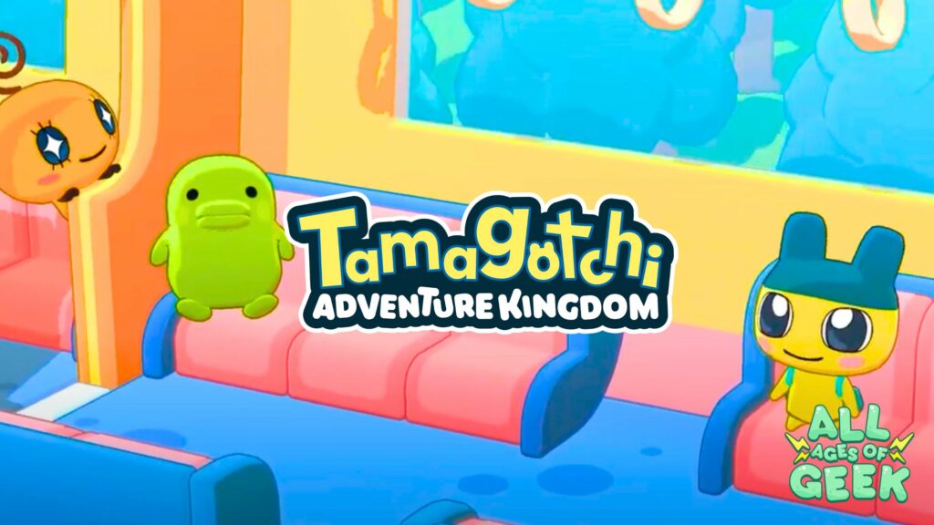 Three colorful Tamagotchi characters are seen inside a vibrant, animated setting. One orange character is peeking from behind a column, a green character is sitting on a pink and blue couch, and a yellow character with a blue hat is seated nearby. The background features cheerful colors and whimsical designs. The title "Tamagotchi Adventure Kingdom" is prominently displayed in the center, with the "All Ages of Geek" logo in the bottom right corner.