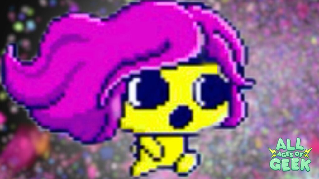 A pixelated yellow character tamagotchi with large, dark blue eyes and a surprised expression is wearing a bright pink wig that flows to the left. The background features a colorful, abstract pattern with various shades of pink, purple, and black, giving a vibrant and lively feel. The "All Ages of Geek" logo is visible in the bottom right corner.