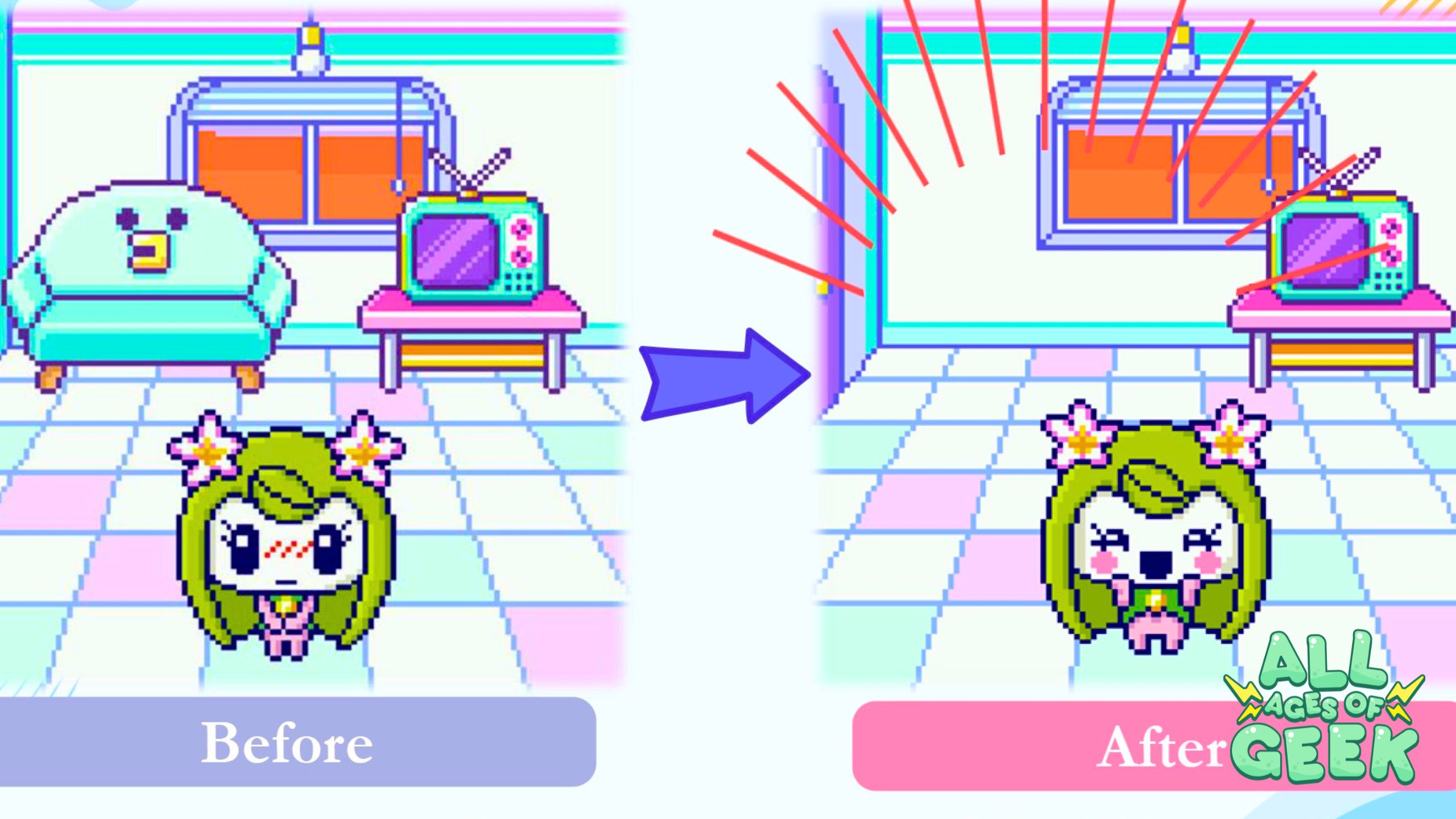 "Before" image of a Tamagotchi character in a living room with a sofa and TV, and "After" image showing the same character in a living room with a clear object allowing the background to be seen through. All Ages of Geek logo is present in the bottom right corner.