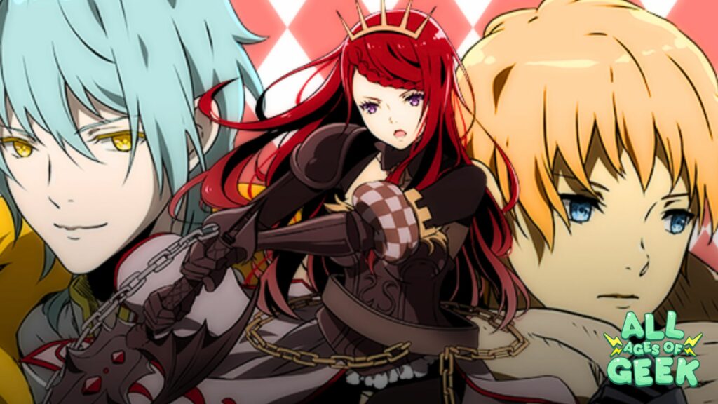 The image features three anime characters in front of a red and white checkered background, showcasing a confident blue-haired character, a red-haired warrior with a crown, and a thoughtful blond character, with the "All Ages of Geek" logo at the bottom right.
