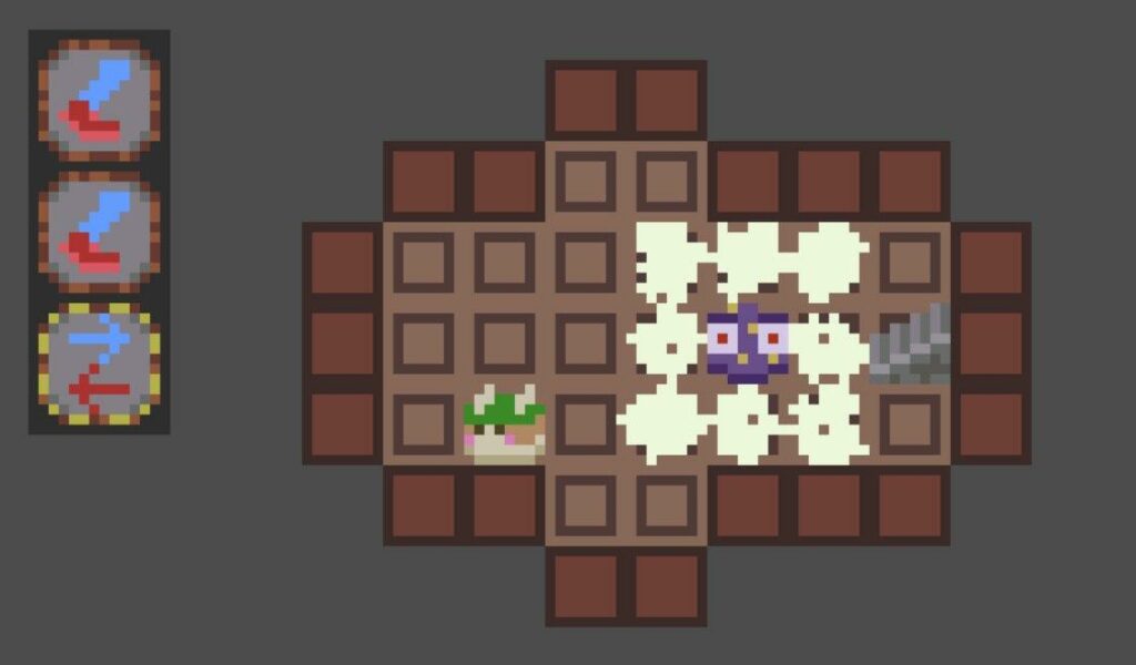 This image features a top-down view of a grid-based room with a character in the center surrounded by a cloud-like effect. To the left, there are three icons displaying different actions or items, likely representing abilities or tools available to the player. The room has various brown and beige tiles, with a plant in one corner and a pile of spikes or debris in another. The overall style is simple and pixelated, evoking a retro gaming feel.