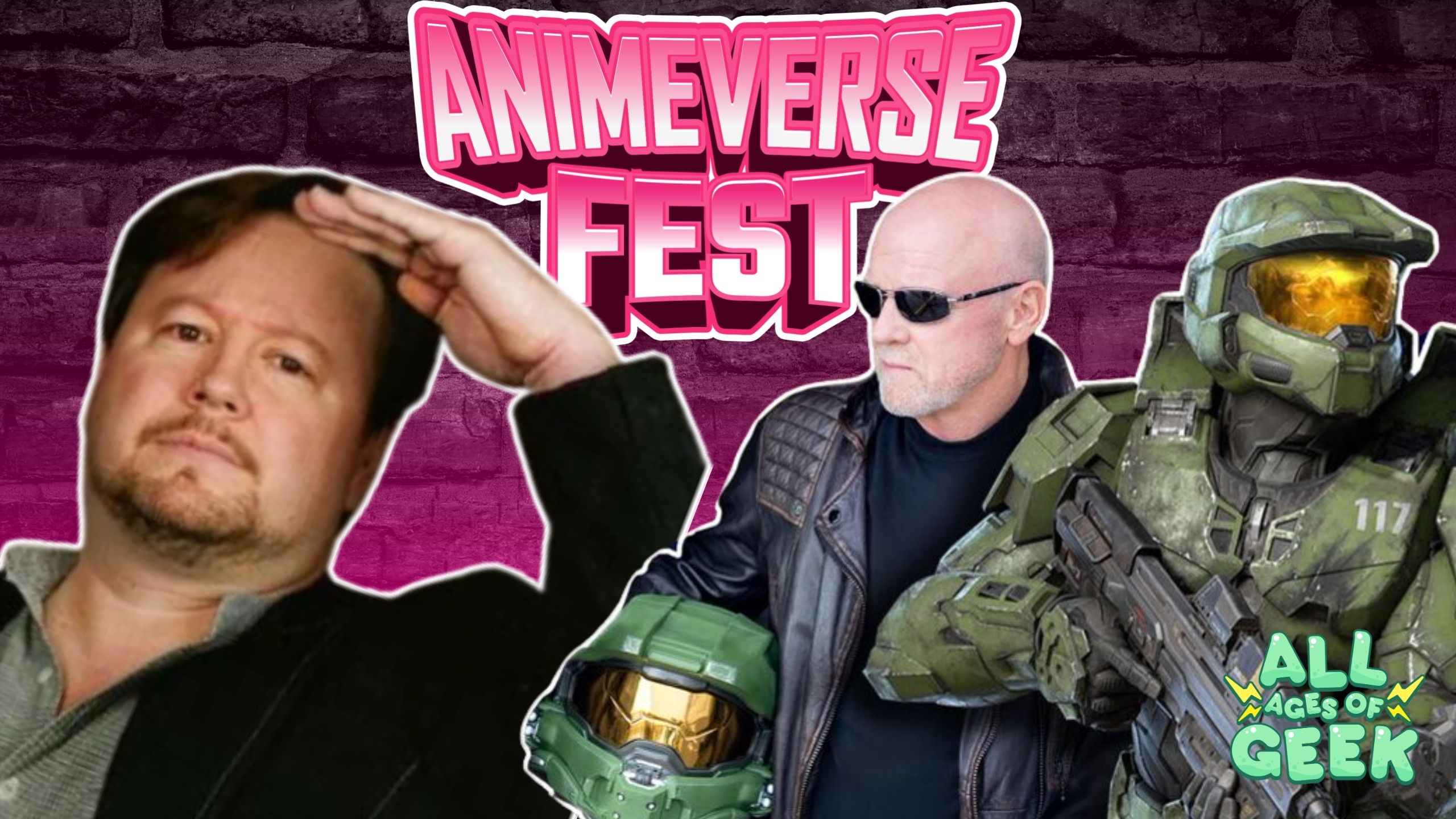 Promotional image for Animeverse Fest. It features two notable guests, Sonny Strait on the left and Steve Downes on the right, along with Master Chief from the "Halo" series. The Animeverse Fest logo is prominently displayed at the top center. The All Ages of Geek logo is at the bottom right corner. The background is a dark, textured wall with a gradient effect transitioning from dark purple at the top to a lighter shade towards the bottom.