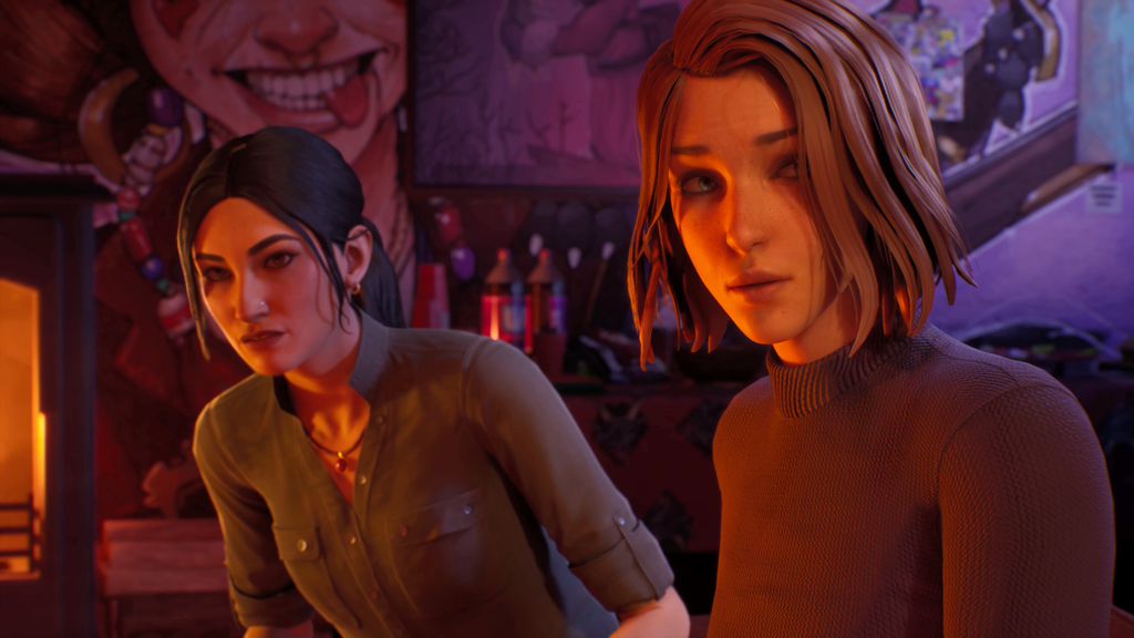 Life is Strange: Double Exposure Safi and Max looking off camera at something in the foreground, art pictures and drinks are behind them with a purple and red light.