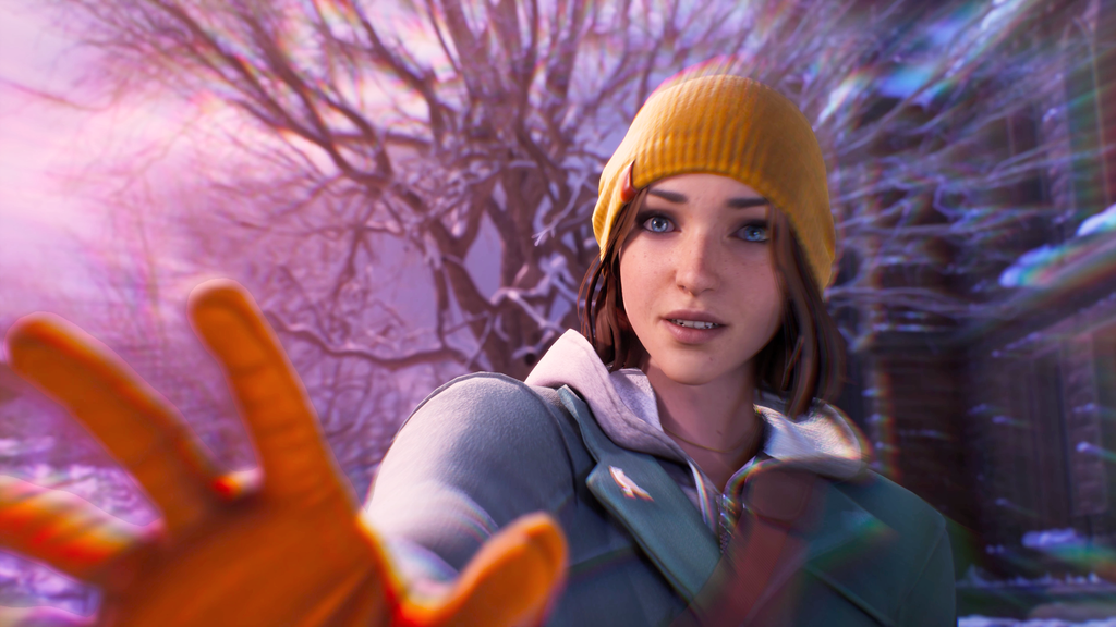 Life is Strange: Double Exposure Max wearing a yellow beanie with a winter jacket reaching out and using her powers.