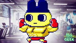 Pixelated Tamagotchi character wearing a muscle suit and boxing gloves, standing in a modern gym setting. The All Ages of Geek logo is in the bottom right corner.