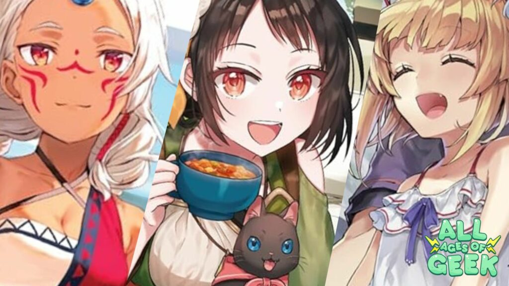 Collage of characters from various slice-of-life light novels with a twist, featuring vibrant and expressive anime-style illustrations. On the left, a character with white hair and tribal markings smiles confidently. In the center, a character with short brown hair and red eyes, holding a blue bowl with a small black cat peeking out of her bag. On the right, a blonde character in a light summer dress laughs joyfully. The All Ages of Geek logo is visible in the bottom right corner.