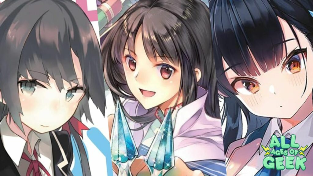 A promotional image from All Ages of Geek featuring three female characters from different Japanese light novels. The characters are depicted close-up, each showcasing distinct facial expressions and styles. On the left, a girl with short dark hair and a shy expression; in the middle, a girl with medium-length dark hair and a confident smile holding two magical crystal objects; on the right, a girl with long dark hair and a determined look. The image promotes the article "7 Japanese Light Novels That Will Steal Your Heart," highlighting the beauty and diversity of light novel storytelling.