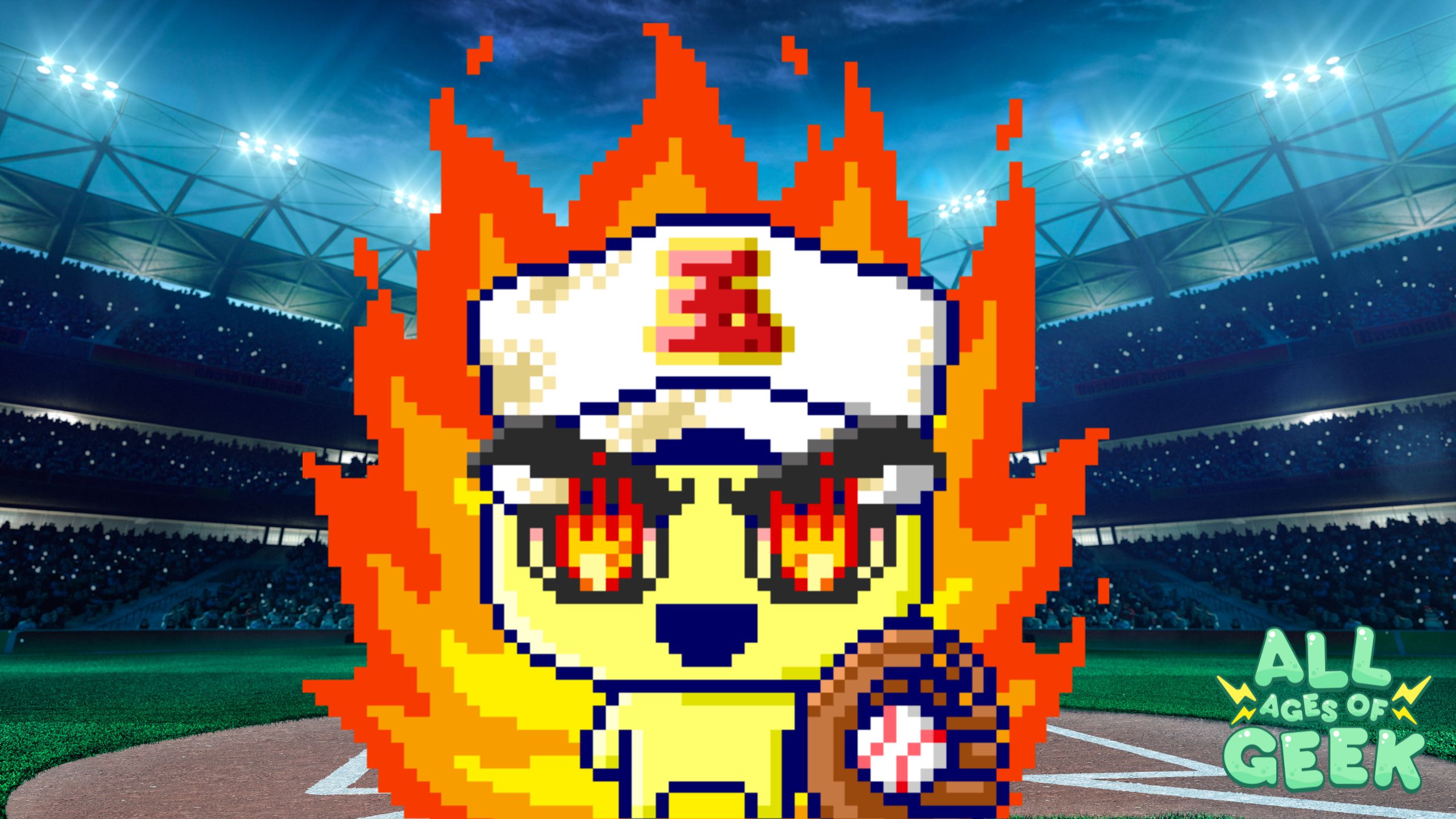 Pixelated Tamagotchi character dressed in baseball gear stands in front of a brightly lit stadium. The character is wearing a baseball hat and fiery eyewear, holding a glove and ball, with a blazing background symbolizing passion and energy. The All Ages of Geek logo is in the bottom right corner.