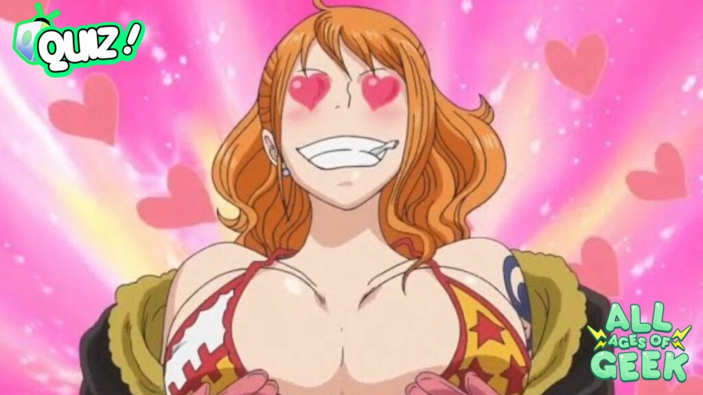 Image of an anime character with orange hair, heart-shaped eyes, and a big smile, surrounded by pink hearts and sparkles. The character is wearing a colorful top, and the image has a "Quiz!" logo in the top left corner and the "All Ages of Geek" logo in the bottom right corner.