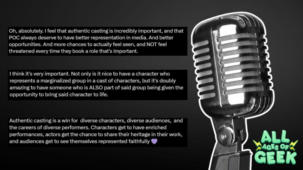 A black and white photo features a classic vintage microphone on the right side with the "All Ages of Geek" logo at the bottom right. The image includes three highlighted quotes emphasizing the importance of authentic casting.