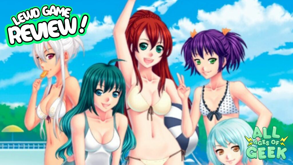 An illustration promoting a lewd game review titled 'Beach Bounce.' The image features five anime-style characters in bikinis posing together by a pool. The characters have different hair colors: white, teal, red, purple, and light blue. The background shows a clear blue sky with some clouds. The text 'Lewd Game Review!' is displayed in bold white and green lettering on the top left, and the 'All Ages of Geek' logo is in the bottom right corner.