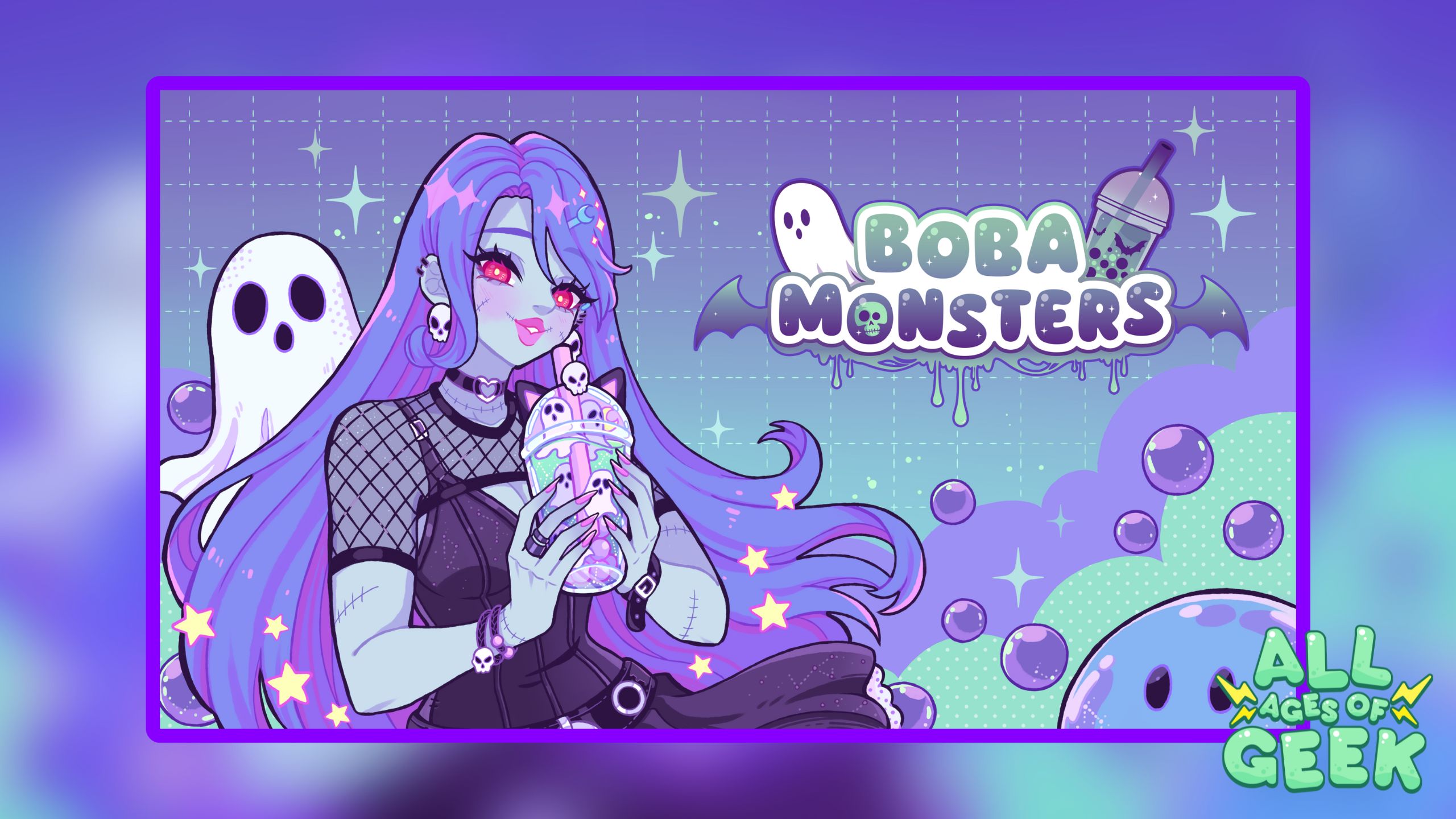 Image of a character from the game Boba Monsters. The character has long, flowing purple hair, red eyes, and is wearing gothic-style clothing with skull accessories. They are holding a colorful boba tea cup with cute monster-themed decorations. In the background, there are ghost and bat elements along with the Boba Monsters logo. The All Ages of Geek logo is visible in the bottom right corner.