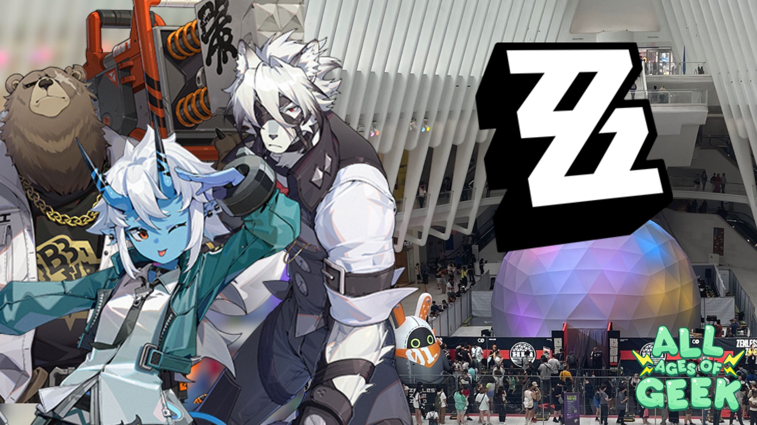 Zenless Zone Zero 'Hollow Sighting in New York' Pop-up Event. The image features characters from Zenless Zone Zero, including a blue-skinned character with horns, a bear, and a wolf-like character. In the background, there is a colorful dome structure with people gathered around, indicating a lively event. The Zenless Zone Zero logo is prominently displayed, along with the All Ages of Geek logo at the bottom right corner
