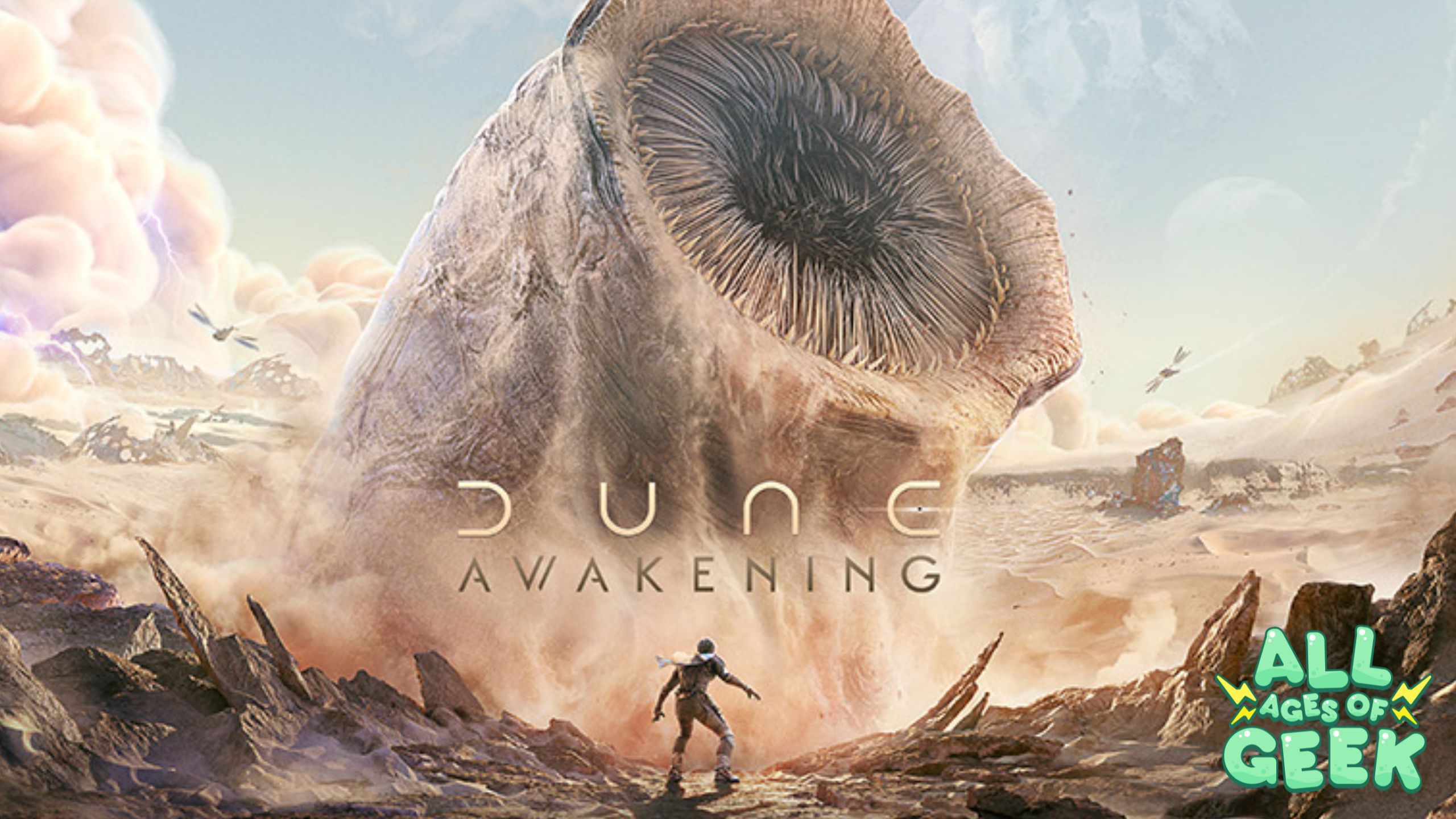 Dune: Awakening," featuring a large sandworm emerging from the desert sands of Arrakis. In the foreground, a lone character in a survival suit stands facing the massive creature. The sky above is filled with swirling clouds and lightning, emphasizing the harsh environment. The logo for "Dune: Awakening" is prominently displayed in the center, with the All Ages of Geek logo in the bottom right corner.