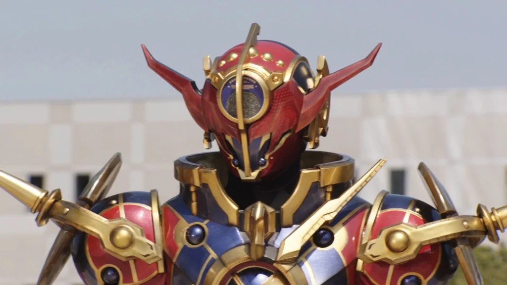 Evol Cobra Form from Kamen Rider Build, a detailed and colorful armored suit with red, gold, and blue elements, featuring a helmet with prominent horns and intricate design.