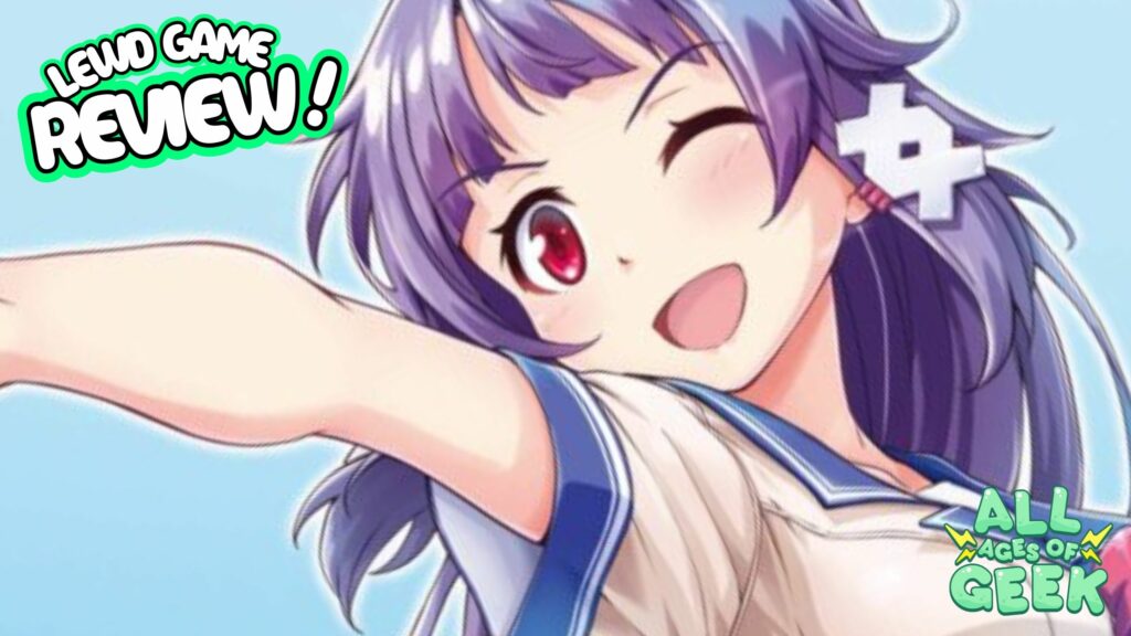 An anime-style character with purple hair and red eyes, winking and smiling with an arm outstretched. The character is wearing a sailor-style school uniform. Text on the image reads 'Lewd Game Review!' in bold white and green lettering. A logo in the bottom right corner says 'All Ages of Geek' with colorful text.