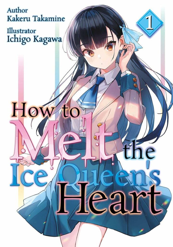 A cover image of the Japanese Light Novel "How to Melt the Ice Queen's Heart" by Kakeru Takamine. The illustration features a young woman with long dark hair and a serious expression, dressed in a school uniform with a blue tie and a light-colored blazer. She holds a small blue ice shard near her face, emphasizing the "Ice Queen" theme. The background features soft pastel stripes, adding a subtle yet engaging visual element. The title is prominently displayed with a melting effect on the word "Melt," and the author and illustrator's names are clearly visible in the upper left corner. The overall design conveys a mix of cool elegance and school life drama.