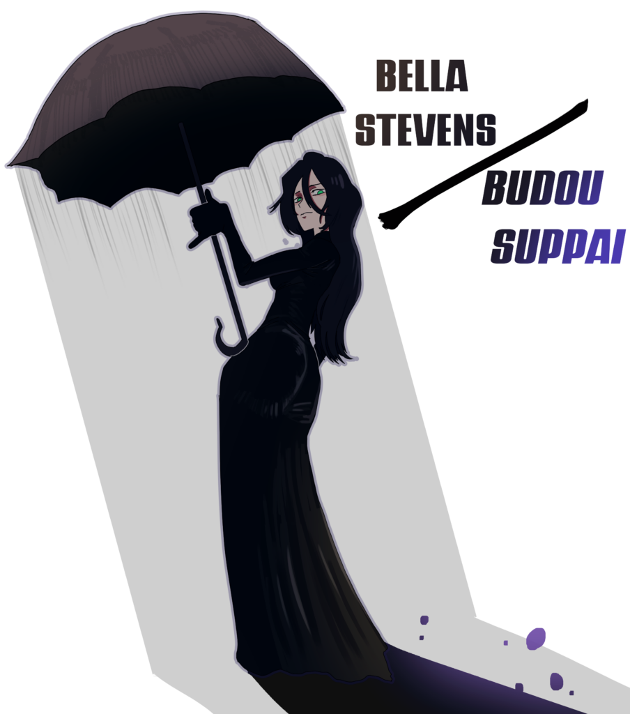 Character artwork for 'My Friends are my Strength' TTRPG featuring Bella Stevens / Budou Suppai. The character is depicted holding a large black umbrella, dressed in a sleek, form-fitting black dress. Bella has long dark hair and a composed expression, standing in a dramatic shadow with subtle purple highlights. The background is minimalist, with the character's name and alter ego displayed prominently in bold text.