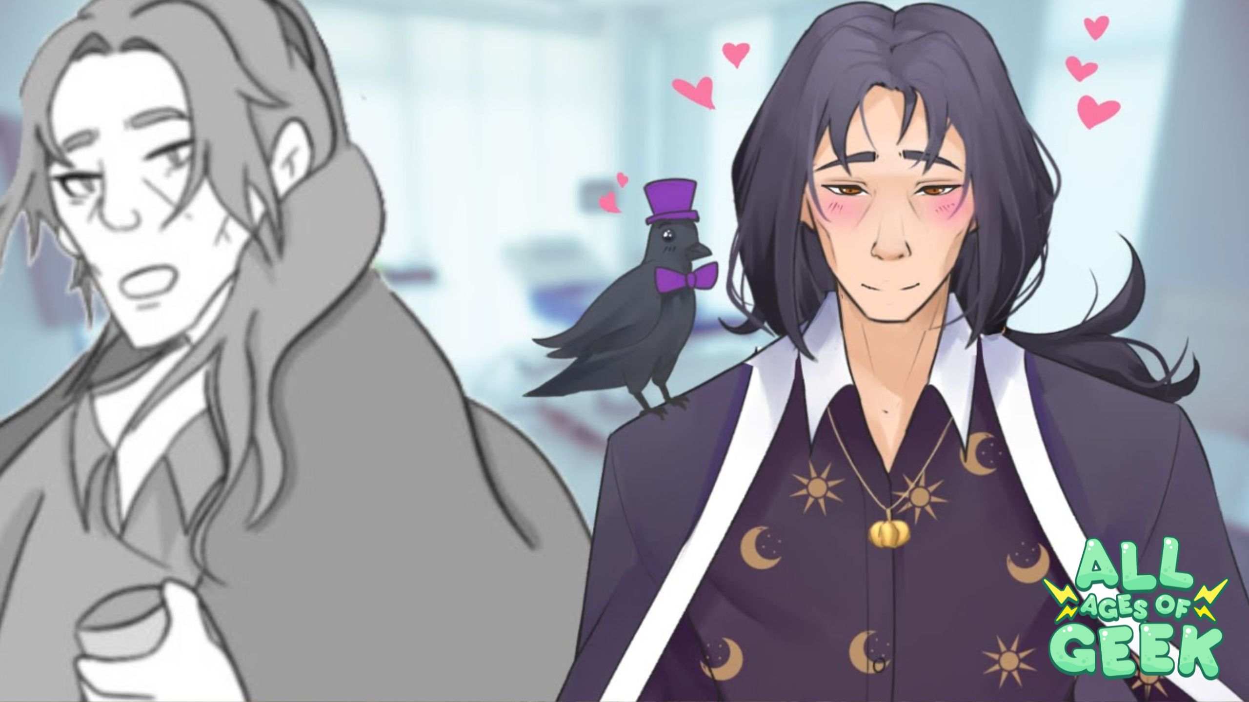 Illustration featuring a character from "I Married a Monster on a Hill." On the left, a monochrome sketch of a character with long hair and a drink in hand. On the right, a color image of a character with long dark hair and a gentle smile, wearing a shirt with celestial designs, a necklace, and accompanied by a crow with a bow tie and top hat on his shoulder. Pink hearts are floating above the crow. The All Ages of Geek logo is in the bottom right corner.