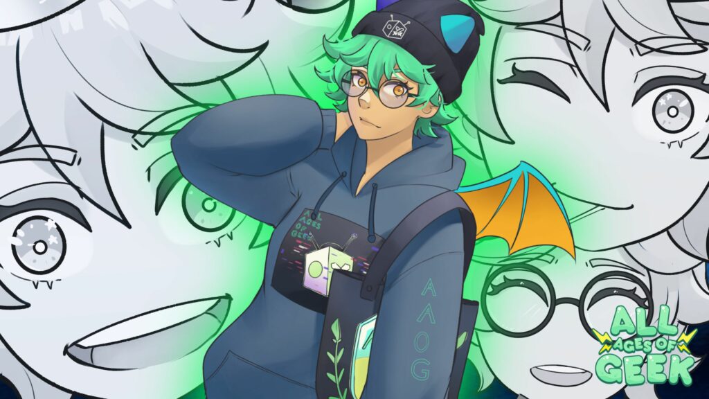 New promotional art of Kasai, the All Ages of Geek mascot, featuring her in a stylish hoodie with vibrant green hair and a beanie. She has dragon wings and a confident pose, set against a background of various expressions of Kasai in monochrome. The All Ages of Geek logo is visible in the bottom right corner.